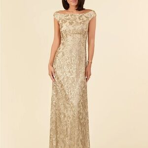 AZAZIE PORCELAIN Champagne A-Line Off the Shoulder Lace Dress